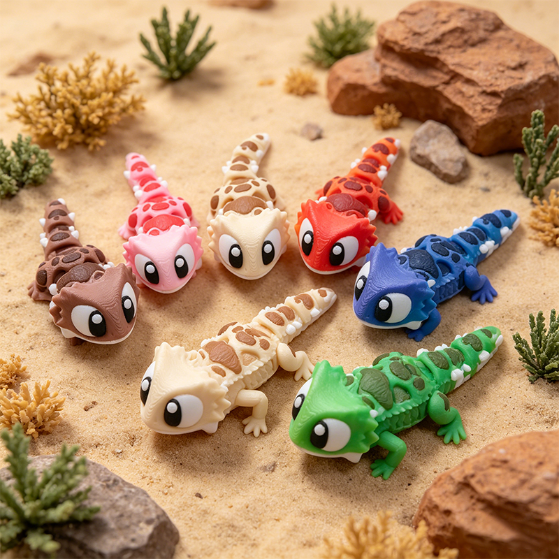 6PCS 3D Printed Bearded Dragon Figurine Set, Articulated Mini Lizard