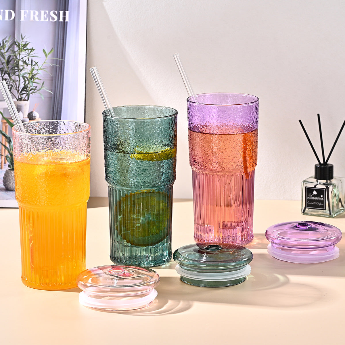 20 Oz 2-pack Green Glass Straw Cup With Vertical Pattern Cup And Lid