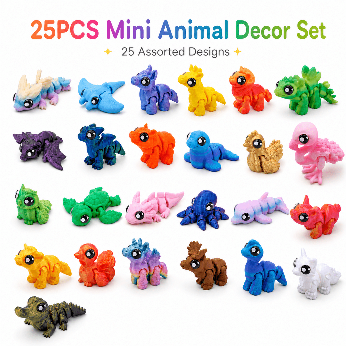 25PCS 3D Printed Mini Animal Figurines, Assorted Designs Colorful