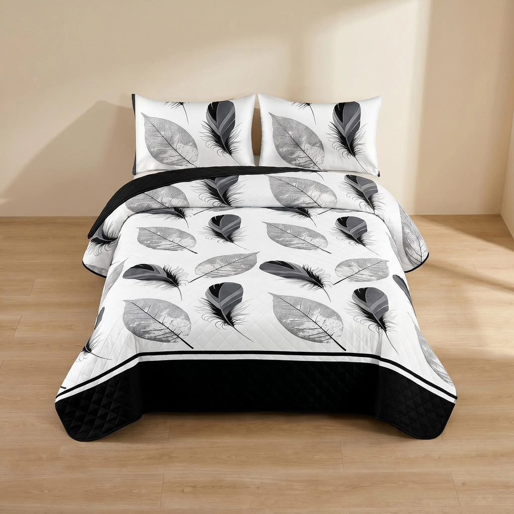 9-Piece Black And White Feather Bedspread And Curtain Set, Reversible