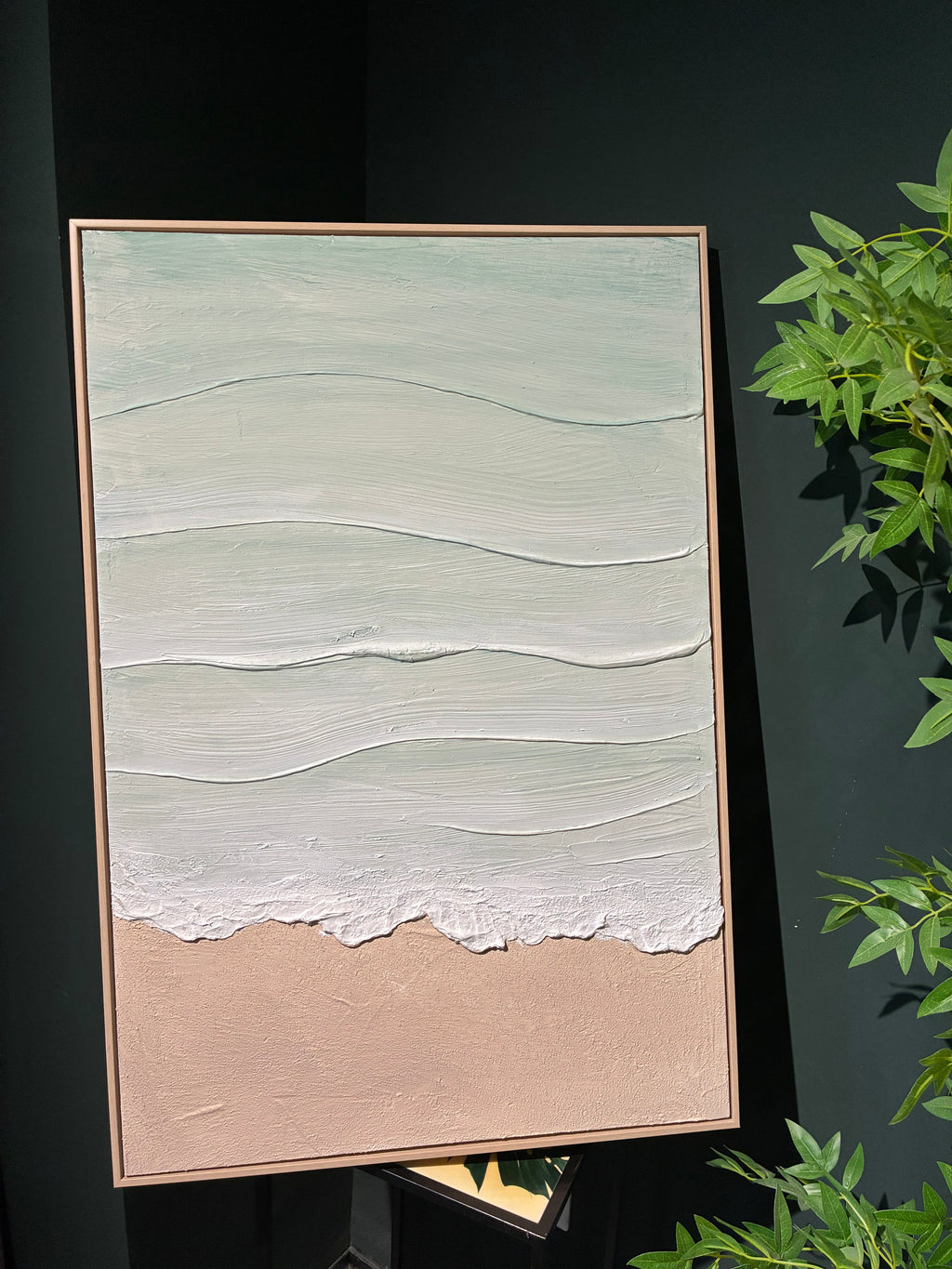 24x36 Framed Coastal Beach Wall Art, Aqua Blue & Beige Textured Canvas