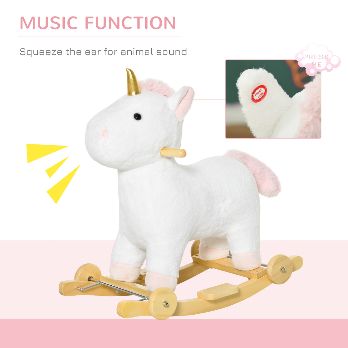 2 In 1 Kids Rocking Horse, Rolling Unicorn With Sound, Wooden Base