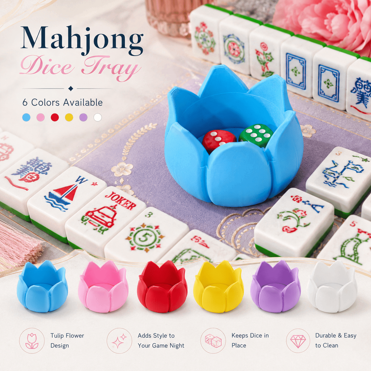 Tulip Flower Mahjong Dice Tray, 3D Printed Dice Holder For Mahjong Game