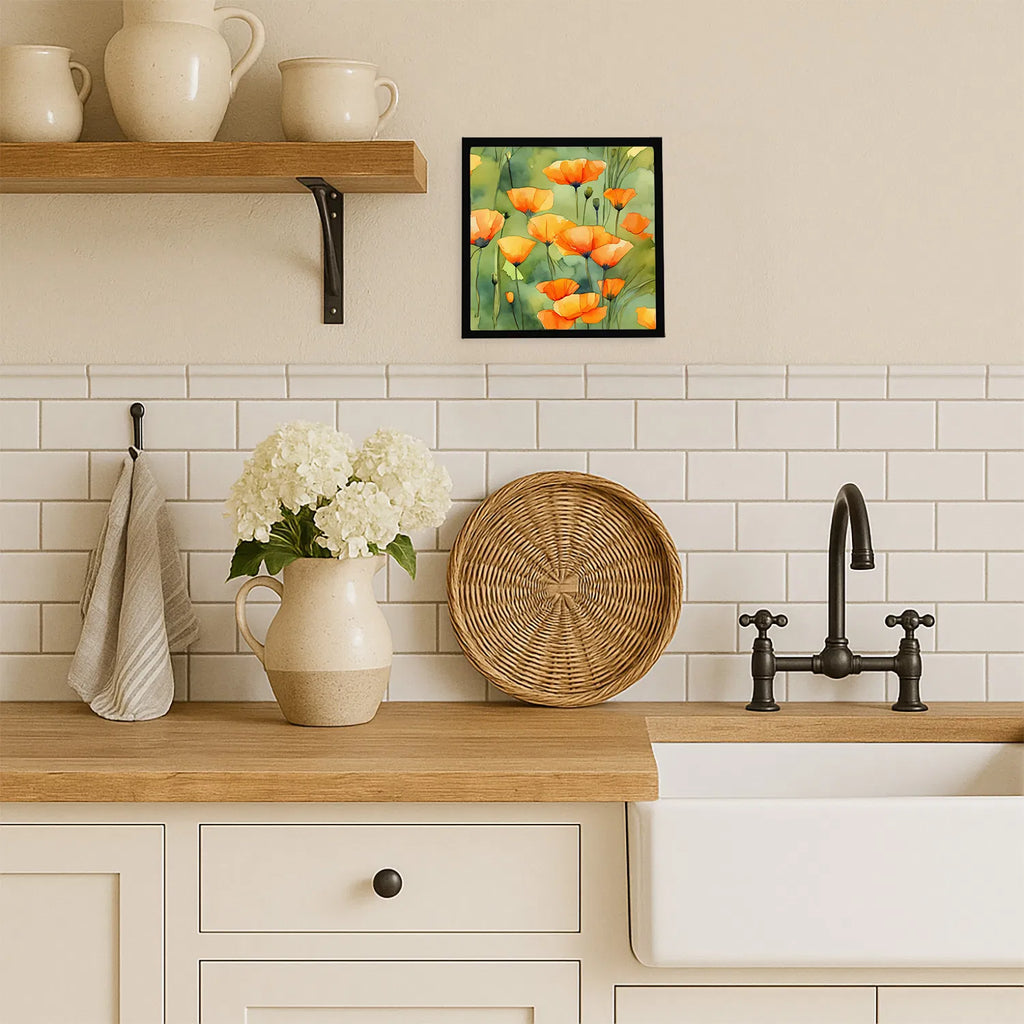 California Poppies In Watercolor Framed Metal Print Bathroom, Kitchen