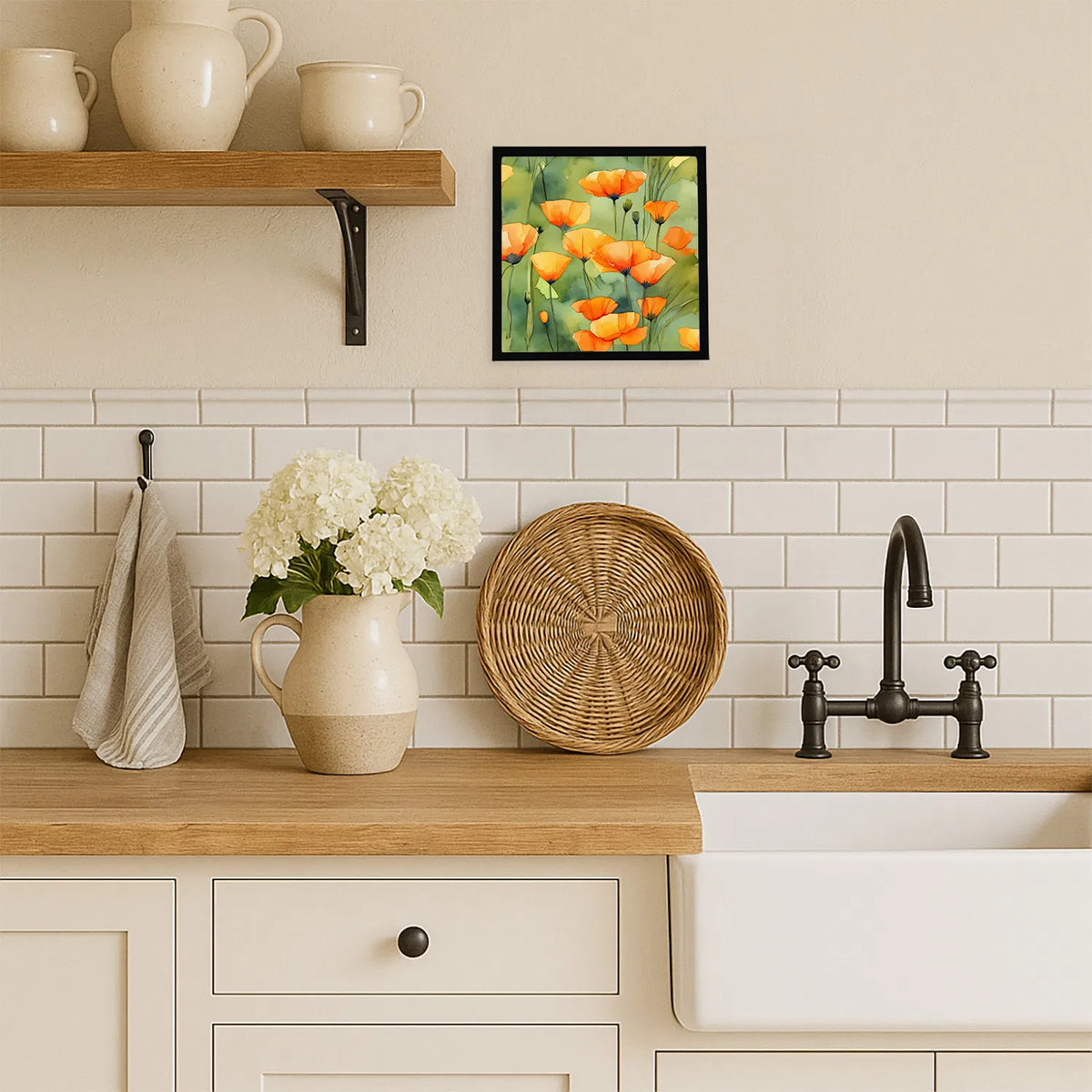 California Poppies In Watercolor Framed Metal Print Bathroom, Kitchen
