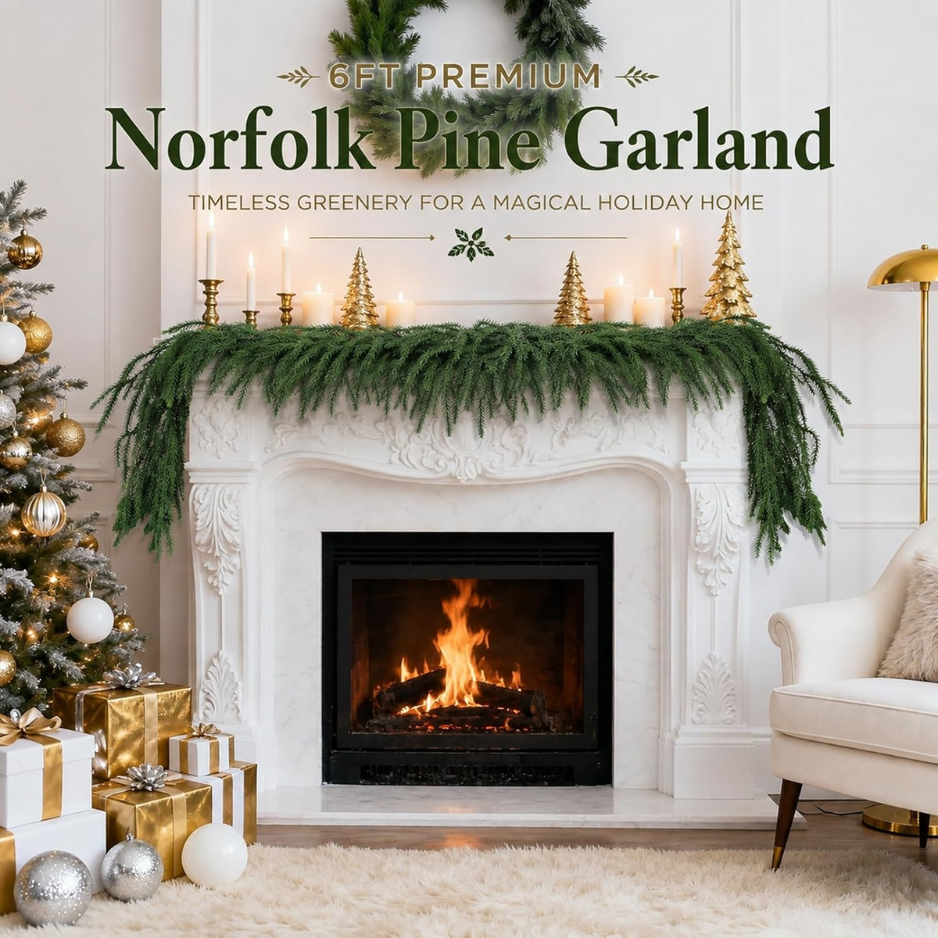 6FT Real Touch Norfolk Pine Christmas Garland, Flexible Mantel Decor