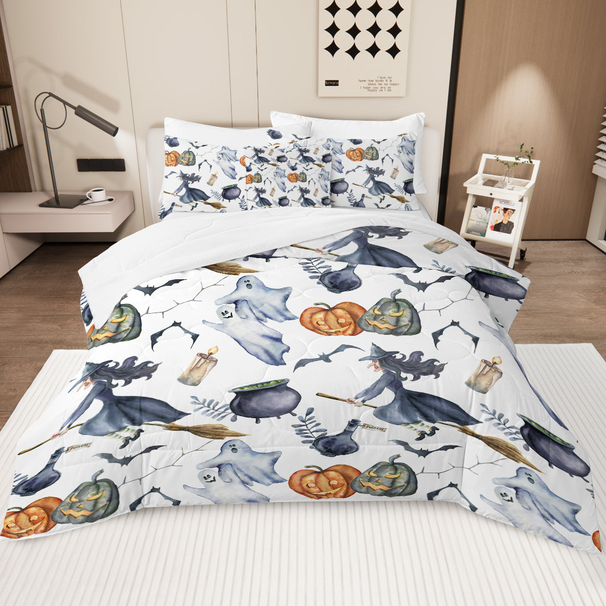 8 Pieces Halloween Comforter Set, Witch Pattern Bed In A Bag Bedding