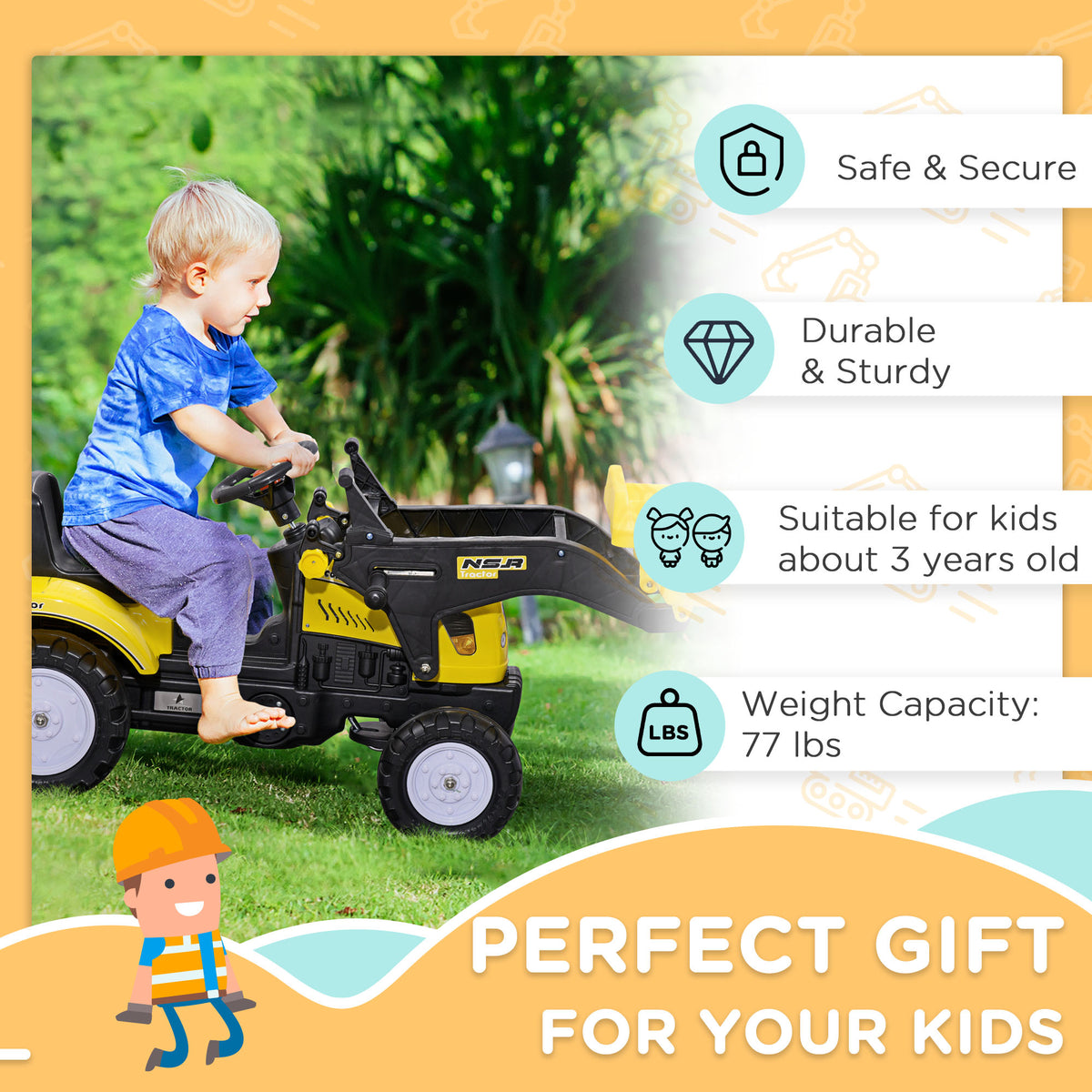 Kids Ride On Excavator, Pedal Go Kart With Front Loader Digger For 3
