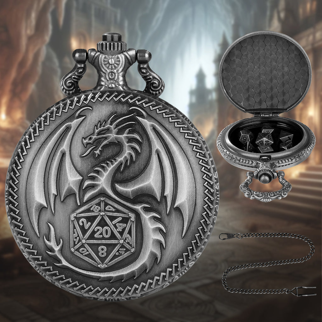 Creative Thick Chain Pocket Watch Set, Equipped With 7 Mini DND Game