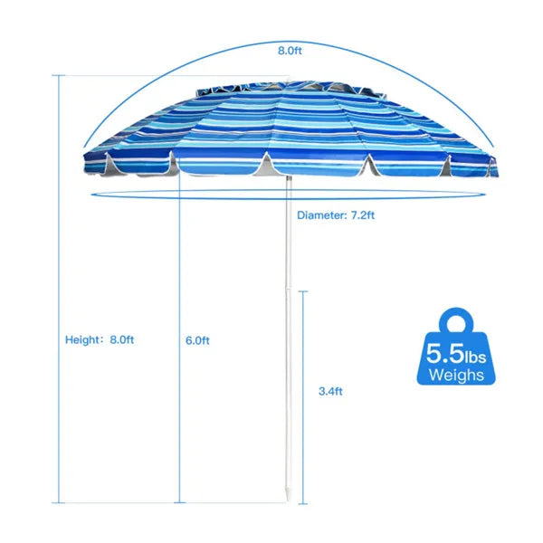 8 Ft Beach Umbrella With UV Protection – 16-Ribbed Windproof Frame