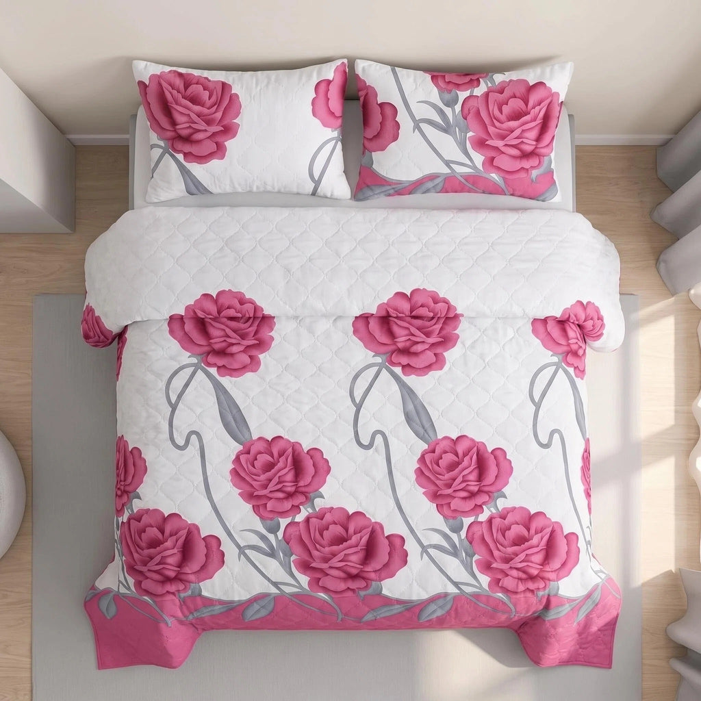 9-Piece Pink And White Rose Bedspread And Curtain Set For Queen And King