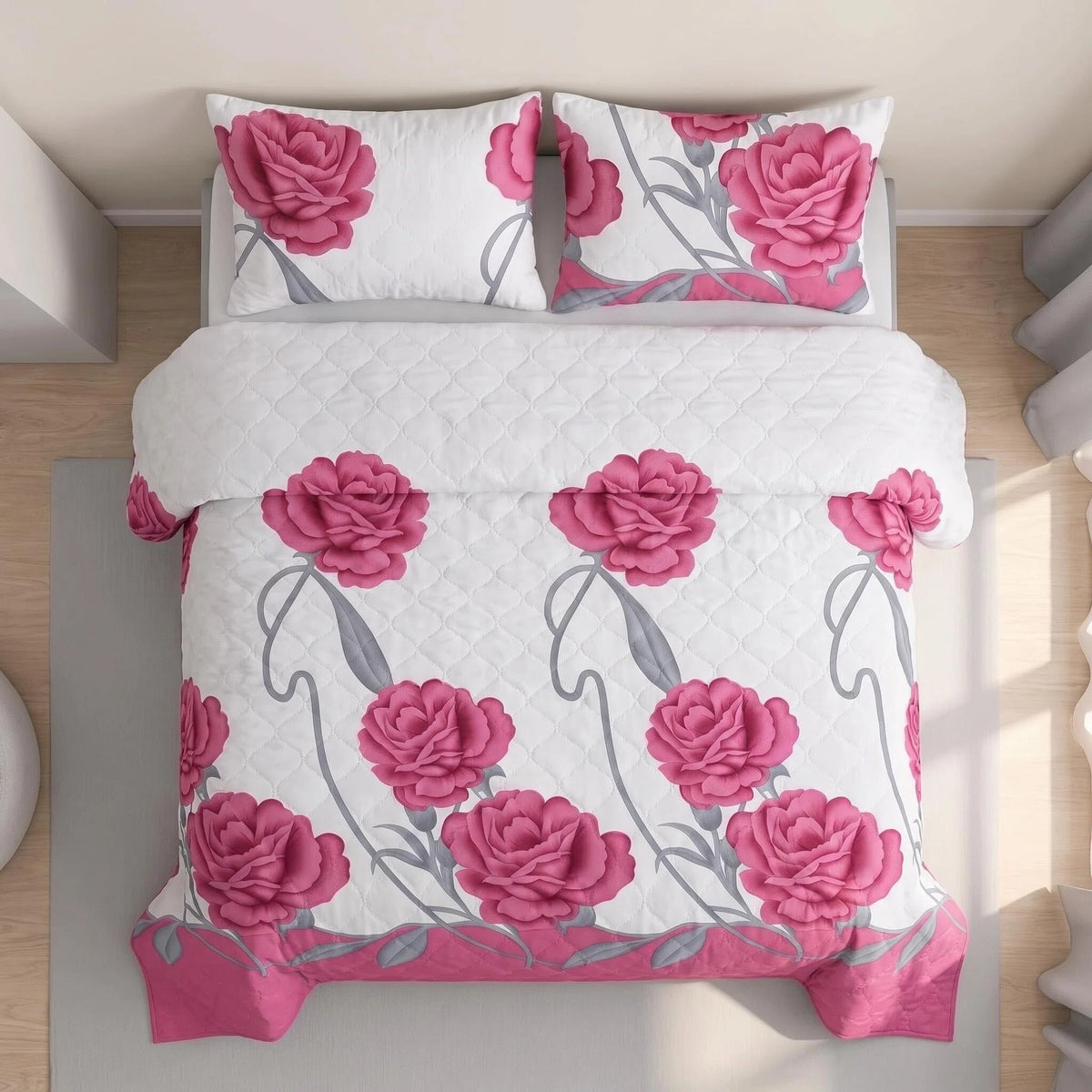 9-Piece Pink And White Rose Bedspread And Curtain Set For Queen And King