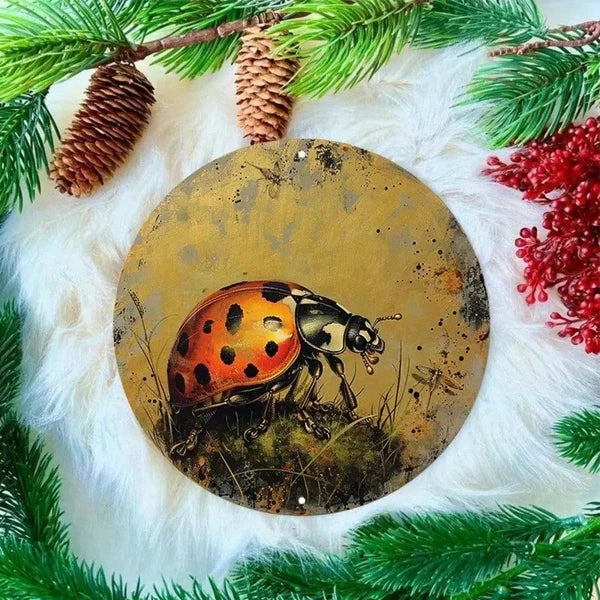 1pc 8x8 Inch Round Aluminum Metal Sign, Golden Ladybug Wall Decor