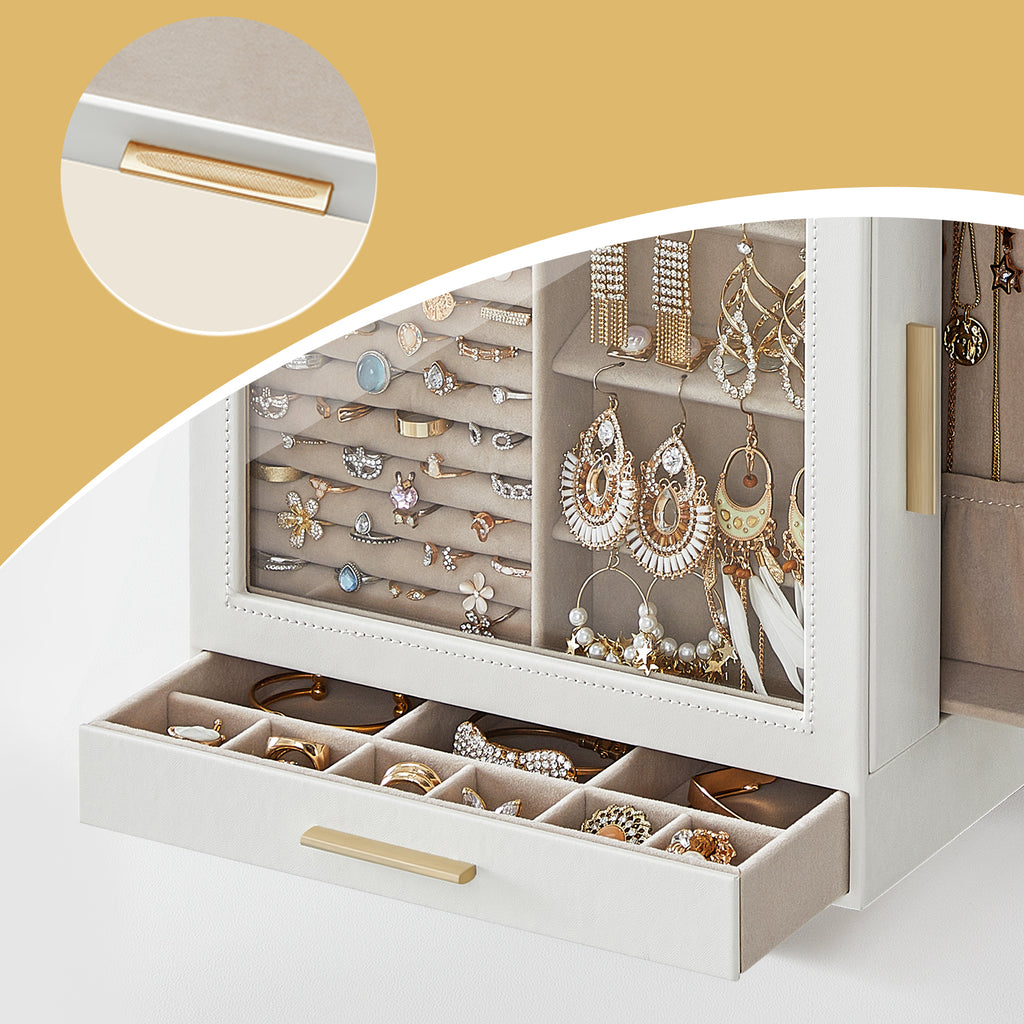 5-Layer Jewelry Box With Glass Window, 3 Side Drawers