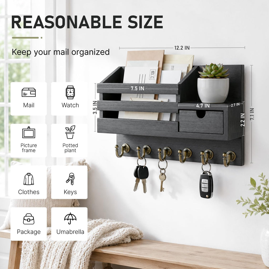 Wall Mount Key Holder With Drawer And 6 Sturdy Hooks, Black Key Rack
