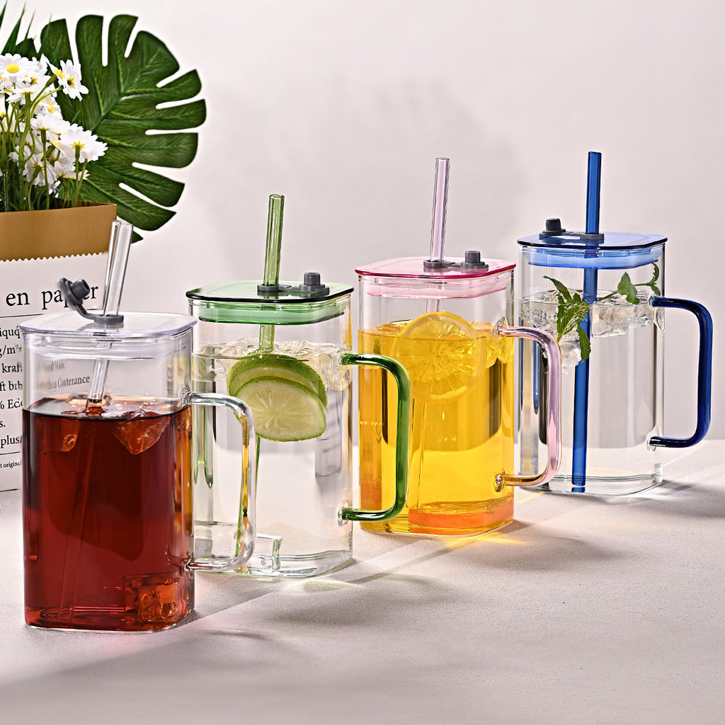 1 Pcs Blue Glass Straw Cup, 4 Colors Square Glass Cup With Straw