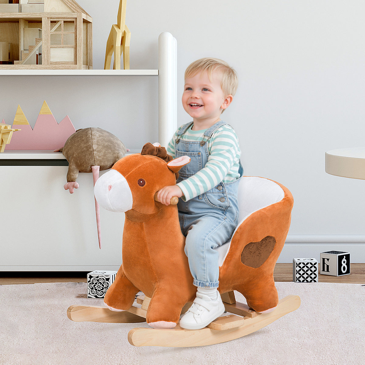 Kids Ride On Rocking Horse, Plush Animal Toy Sturdy Wooden Rocker