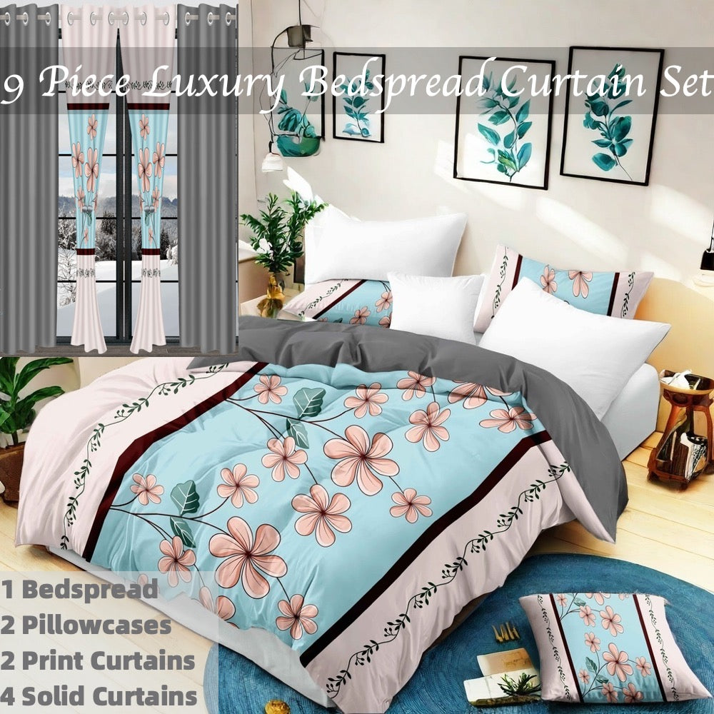 9-Piece Blue And Pink Gardenia Bedspread And Curtain Set, Reversible