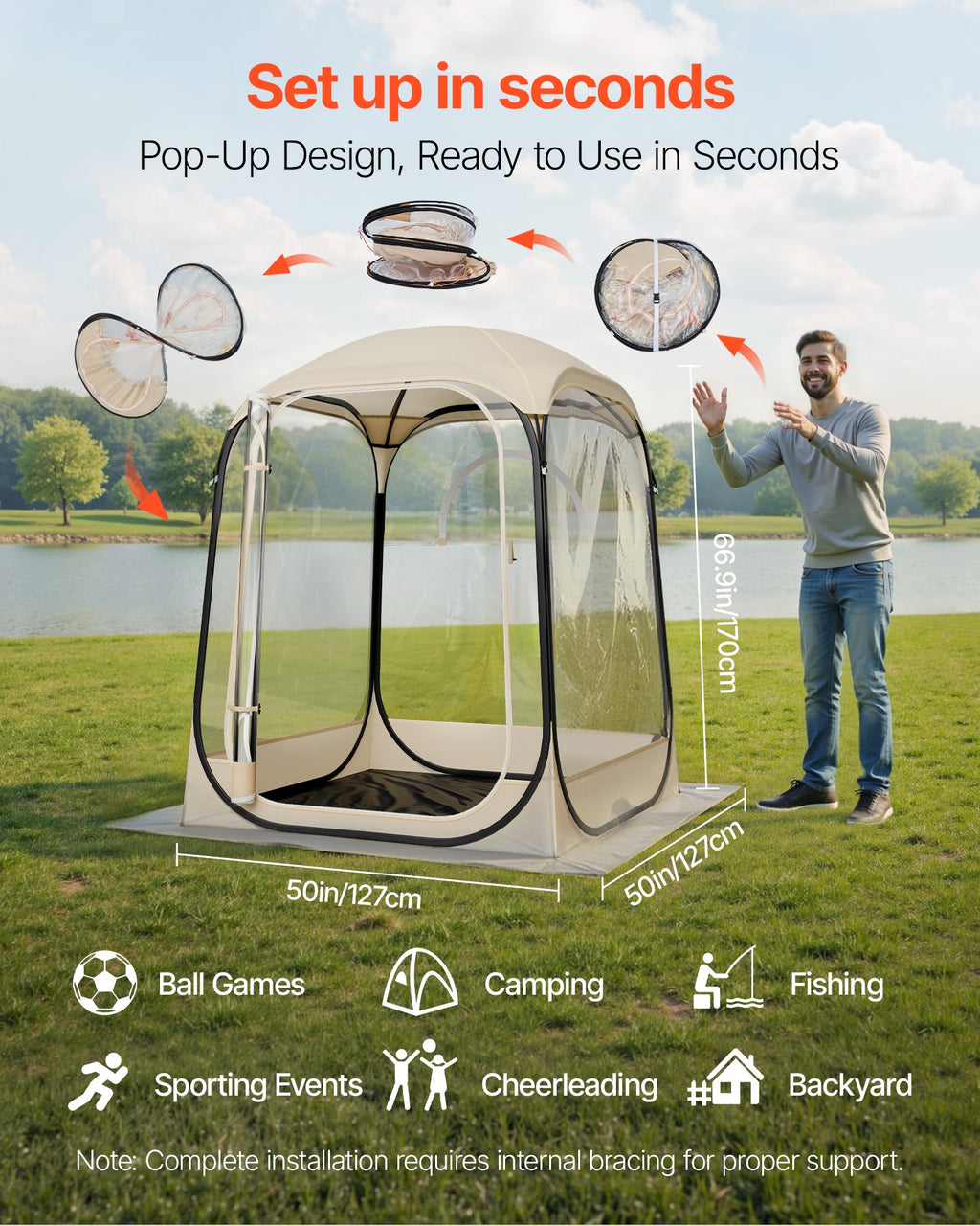 Pop Up Sports Tent, 50x50 In Clear Bubble Tent For 1 Person, Waterproof