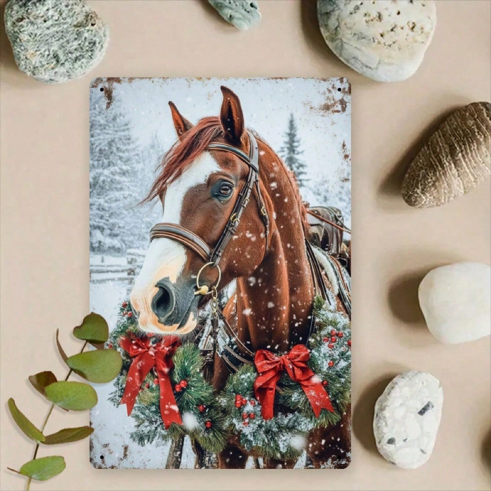 Christmas Horse Metal Wall Decor, Iron Hanging Sign Warm Winter 8x12