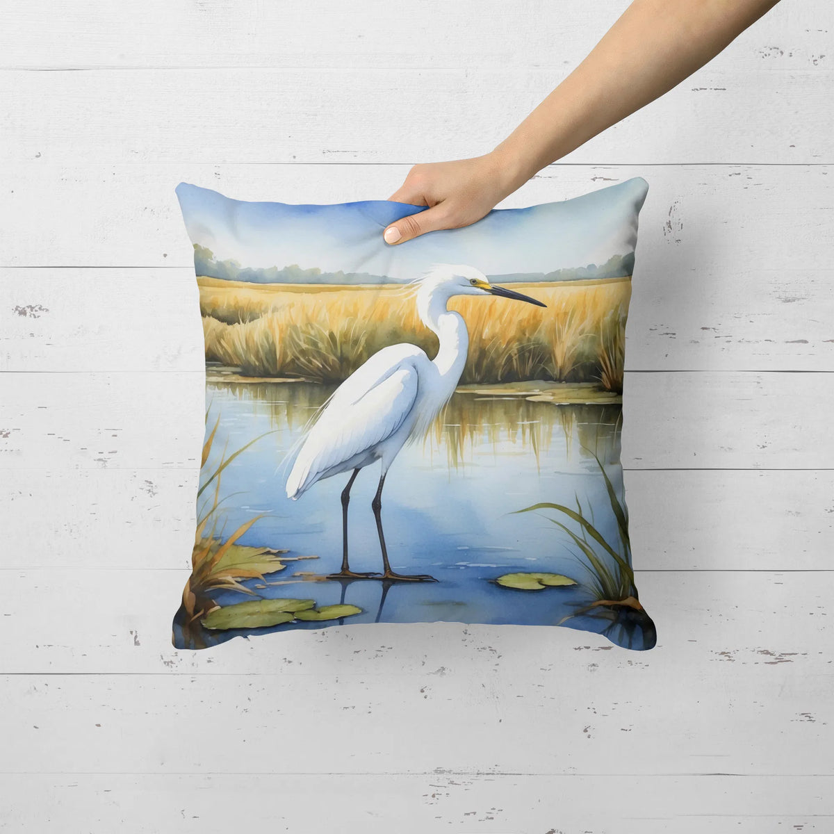 Snowy Egret In Coastal Marshes Throw Pillow Machine Washable, Indoor