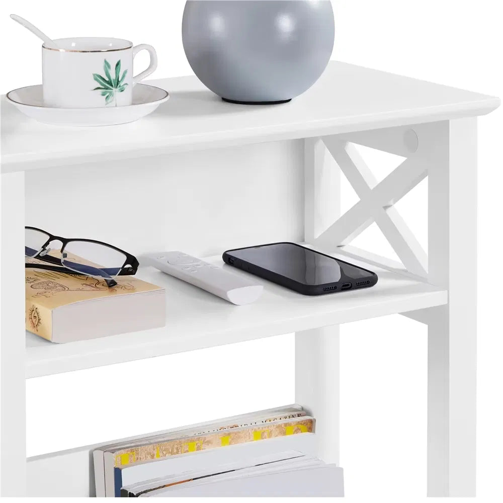 3 Tier Modern Endtablewithstorageshelf, White