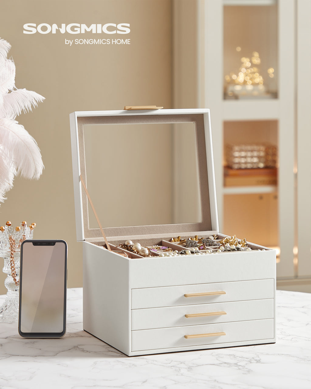 Songmics Jewelry Box With Glass Top, 4-Tier, 3 Drawers