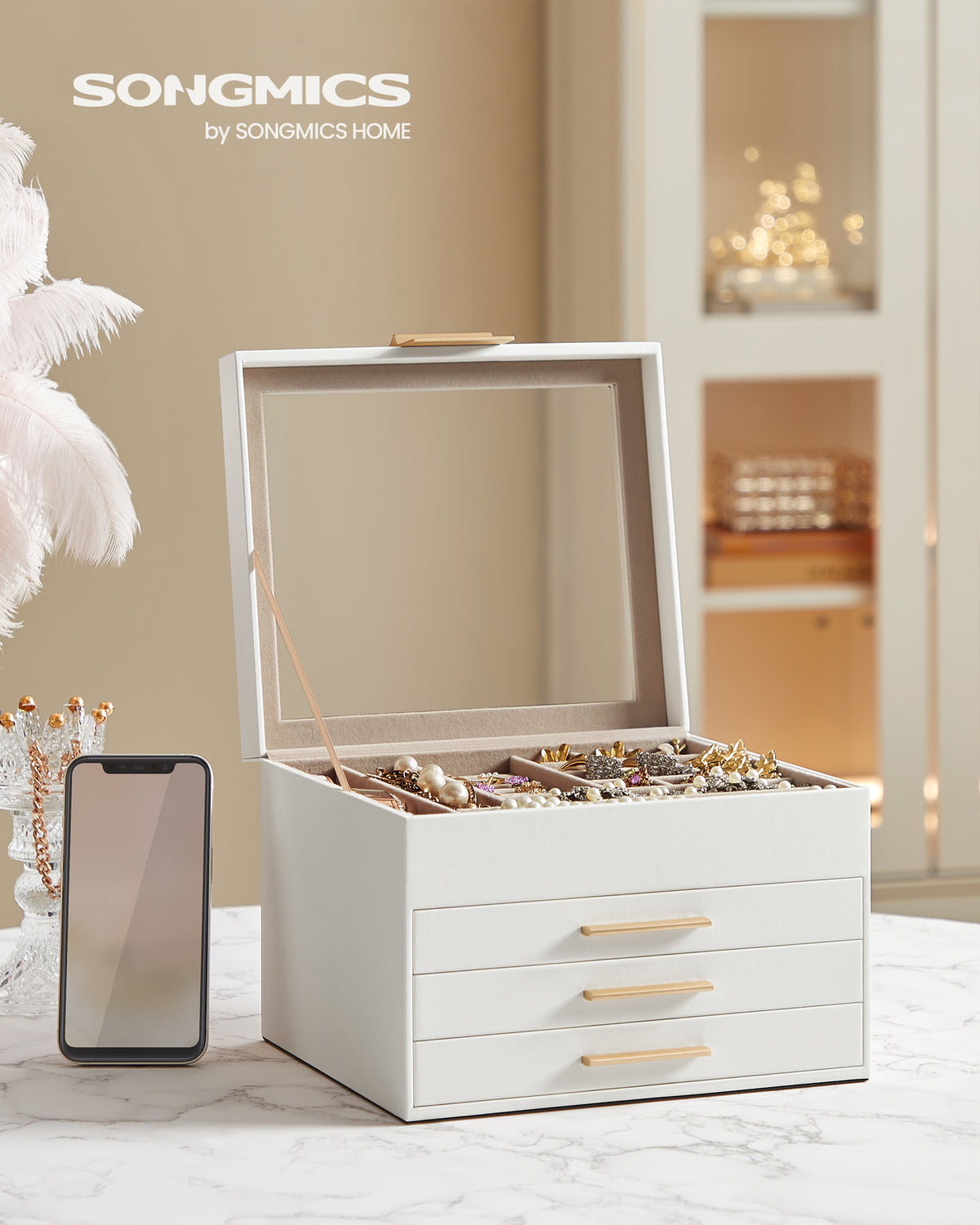 Songmics Jewelry Box With Glass Top, 4-Tier, 3 Drawers