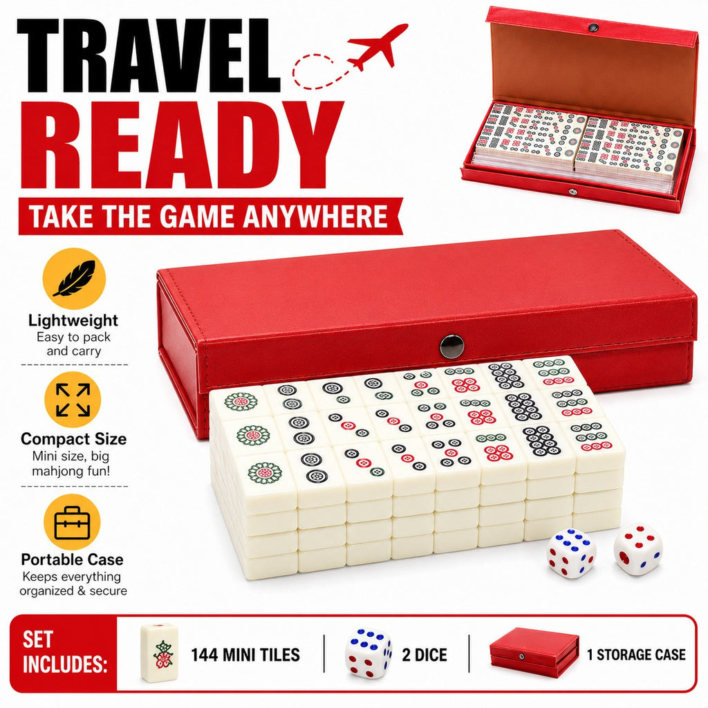 Pocket Mahjong Set 144 Mini Tiles 2 Dice Red Case Family Travel Games