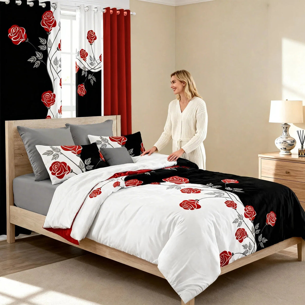 9-Piece Red Rose Bedding & Curtain Set - Quilted Microfiber Bedspread +