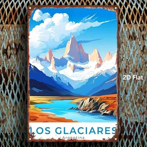 1pc Vintage Metal Sign Argentina Los Glaciares Snow Mountain Lake View