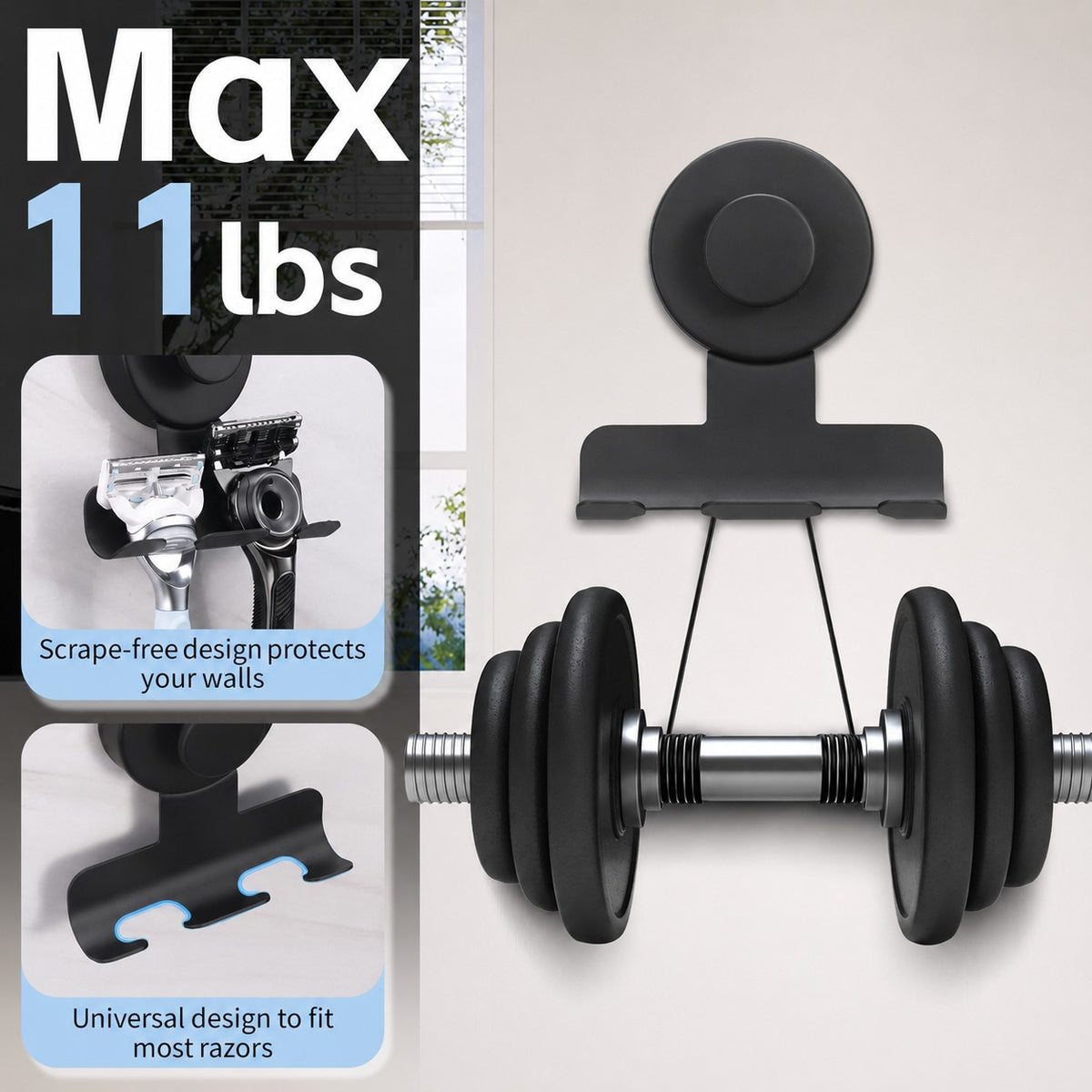 Suction Cup Razor Holder - Black Finish, 2 Pack