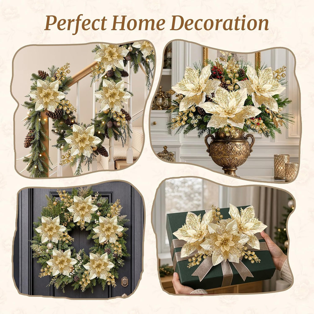 Artificial Christmas Poinsettia Flowers And Berries 24 Units, Faux