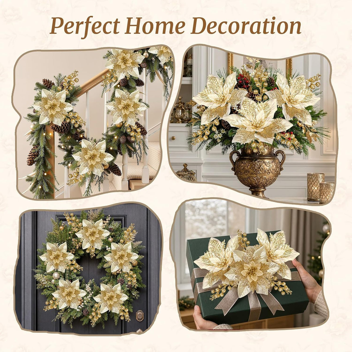 Artificial Christmas Poinsettia Flowers And Berries 24 Units, Faux
