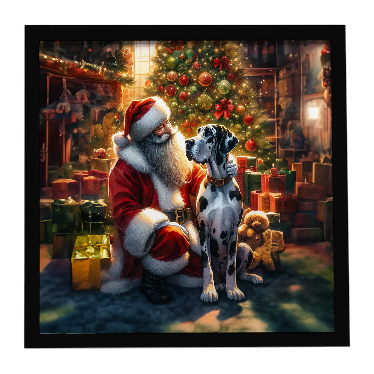 Great Dane And Santa Claus Framed Metal Print Bathroom, Kitchen, Office