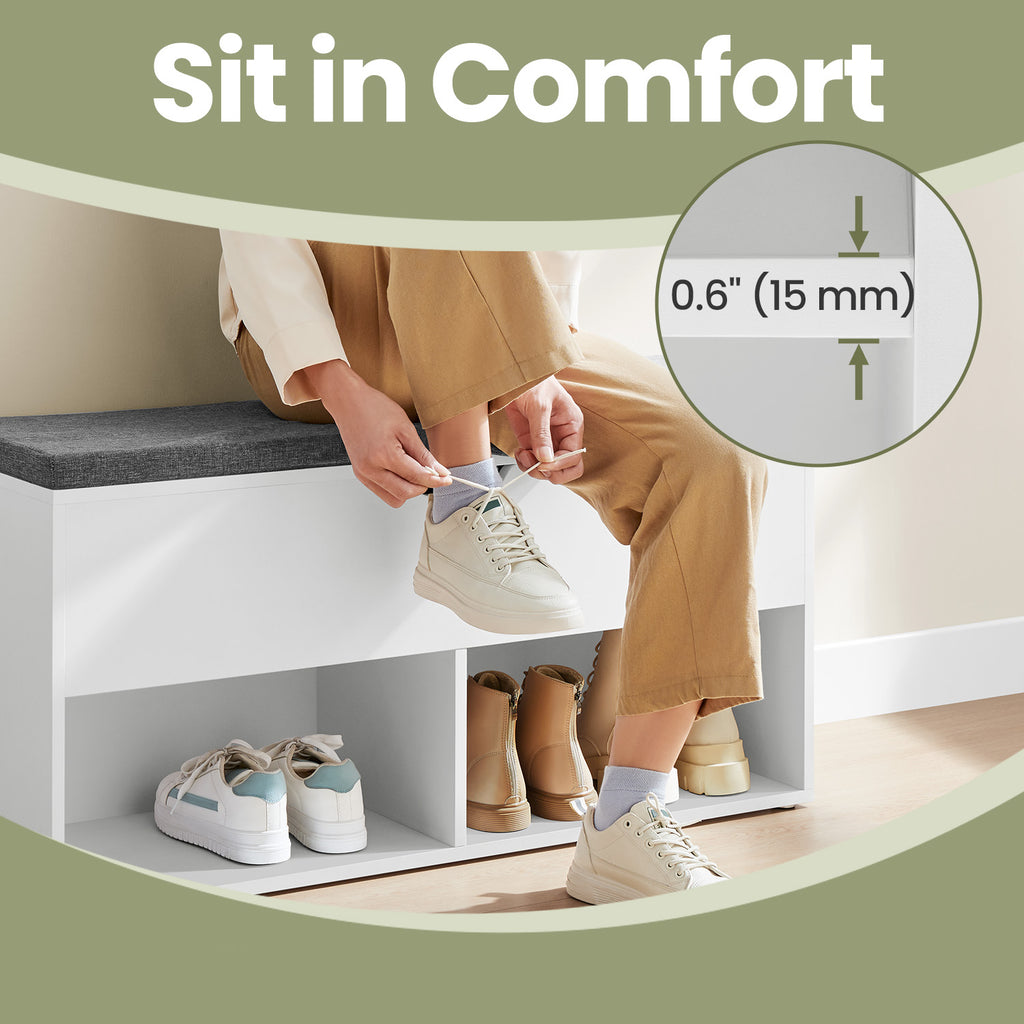 Shoe Storage Bench With Cushion, 2 Open And 1 Hidden Compartments