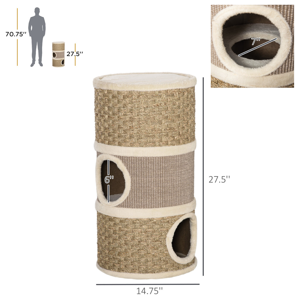 28 Inch Cat Condo, 3 Story Cat Hideaway With Sisal Scratching Pad