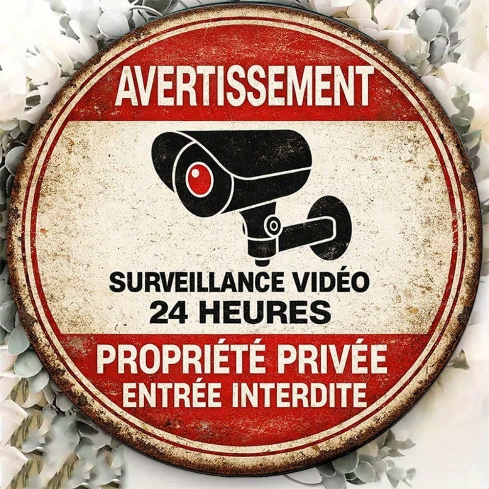 Vintage 24 Hour Video Surveillance Round No Trespassing Sign