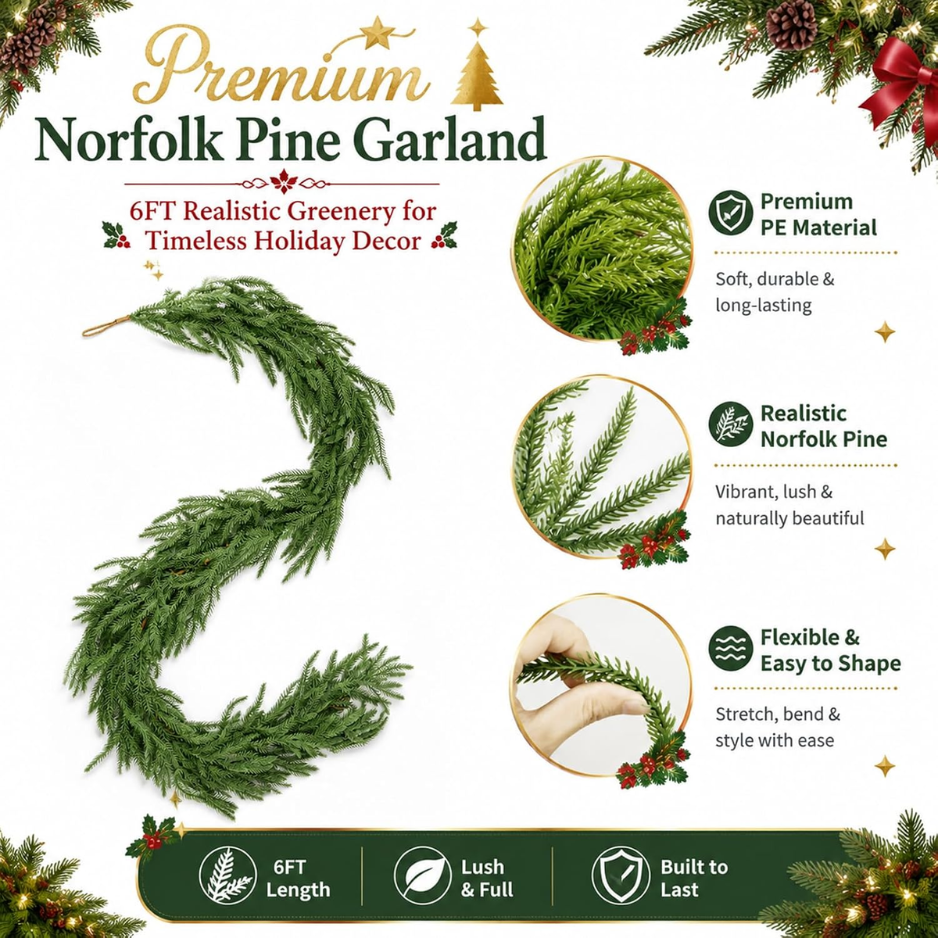 6FT Real Touch Norfolk Pine Christmas Garland, Flexible Mantel Decor