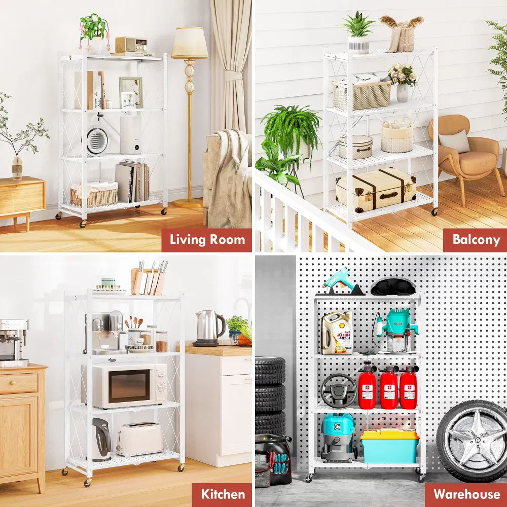 4-Tier Foldingstorageshelves With Wheels, Foldable Metal Rack