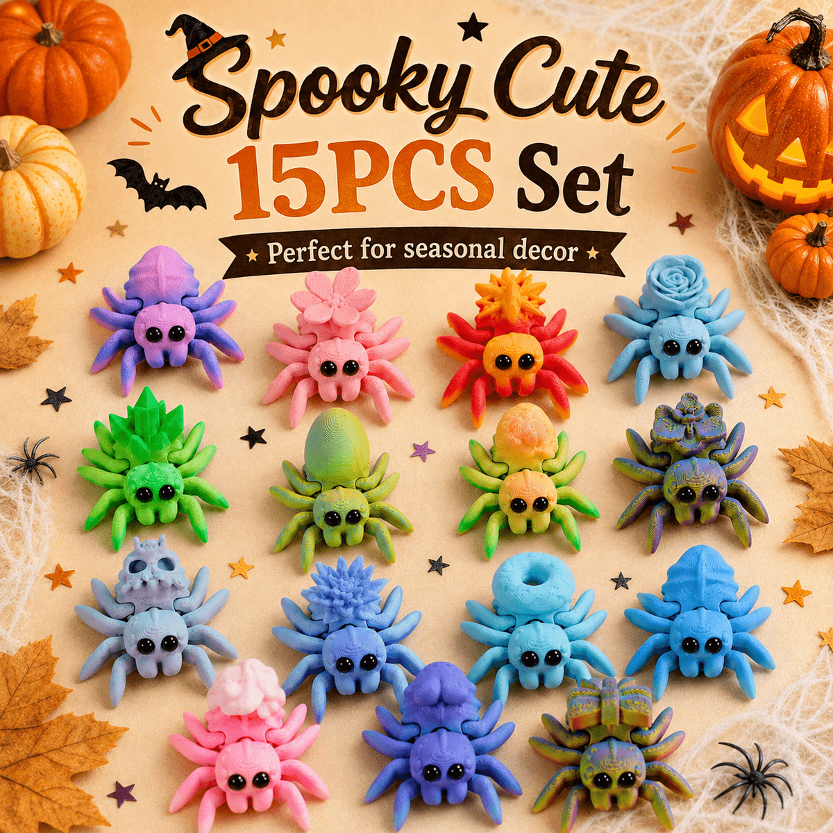 15PCS 3D Printed Mini Spider Figurine Set, Cute Assorted Seasonal Desk