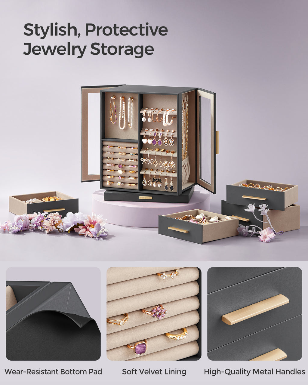 Songmics Jewelry Box Organizer, 360° Rotating, 5 Drawers, Gray And Beige