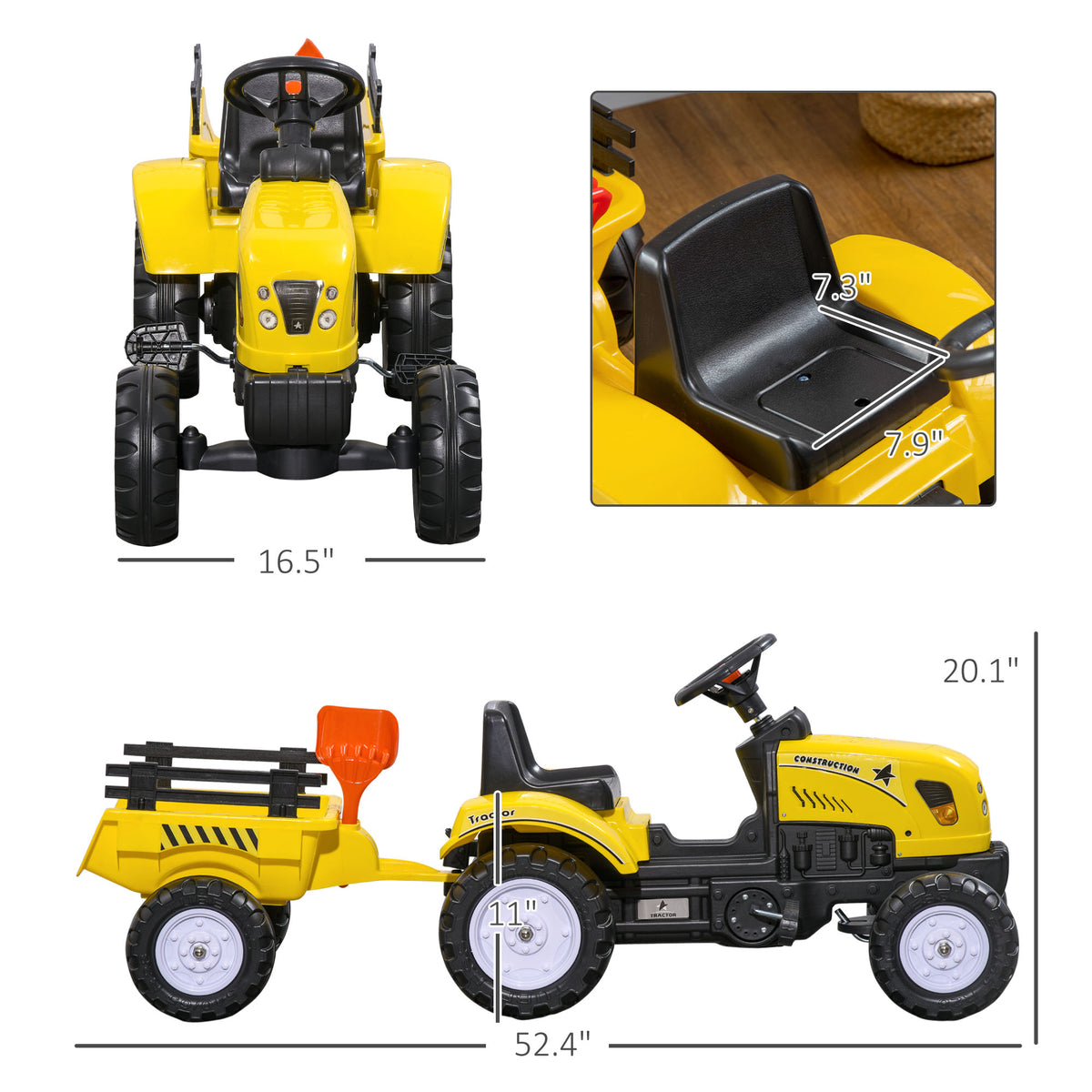 Kids Ride On Tractor With Back Trailer, Shovel & Rake, Horn, Pedal Go