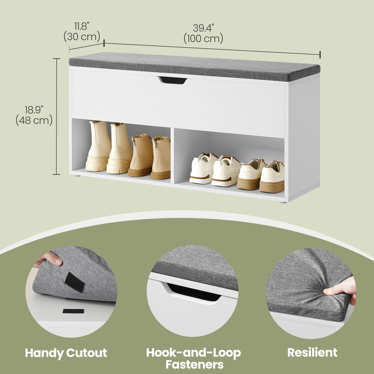 Shoe Storage Bench With Cushion, 2 Open And 1 Hidden Compartments