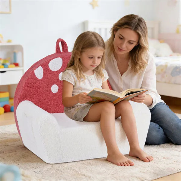 Pink + Beige Kids Sofa, Soft Teddy Fleece Foam Couch With Carry Handle