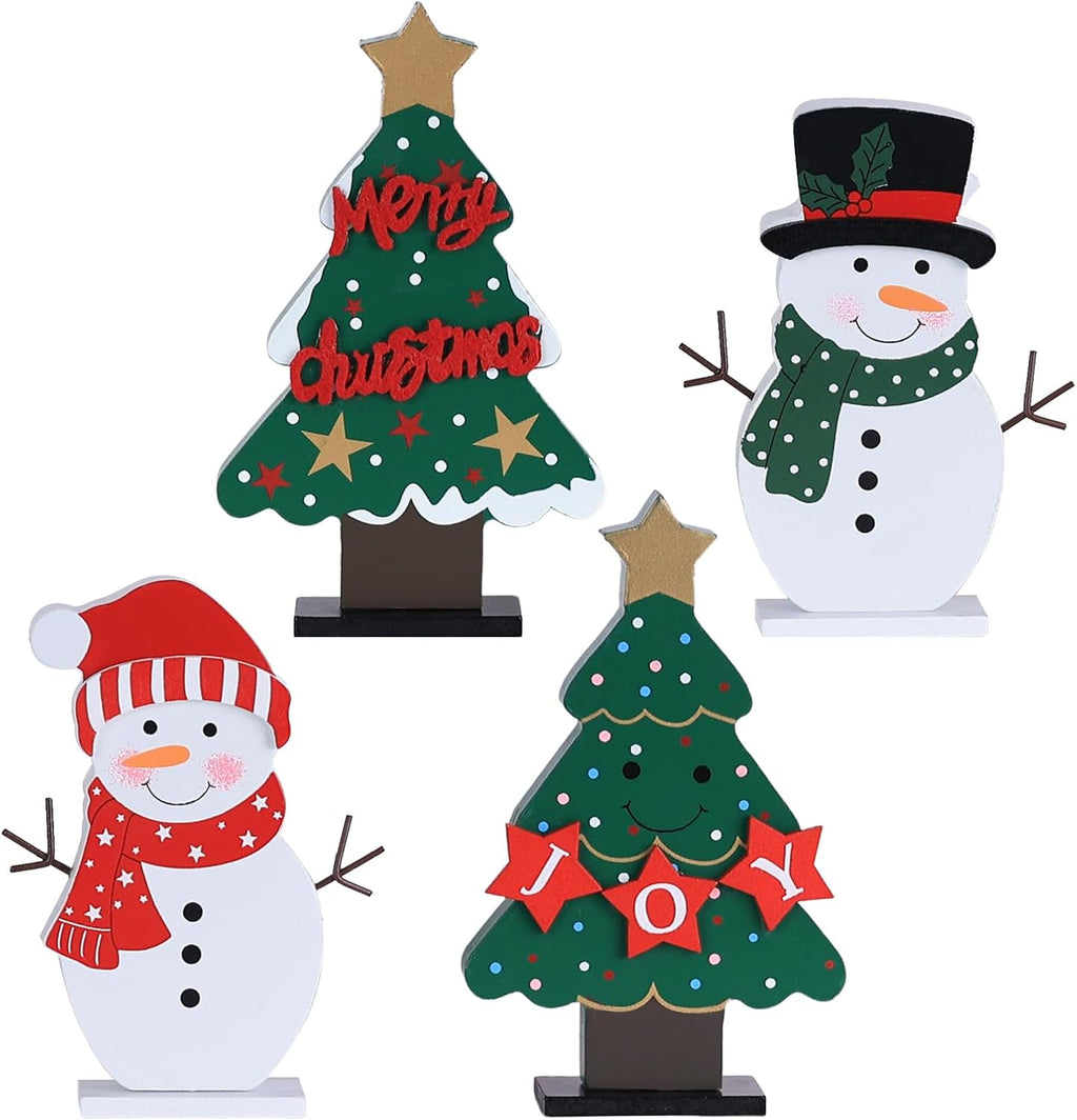 Wooden Christmas Trees And Snowmen 4 Units, Tiered Tray Centerpiece