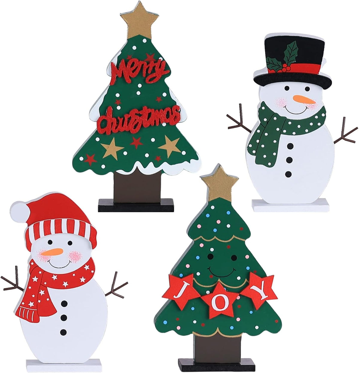 Wooden Christmas Trees And Snowmen 4 Units, Tiered Tray Centerpiece