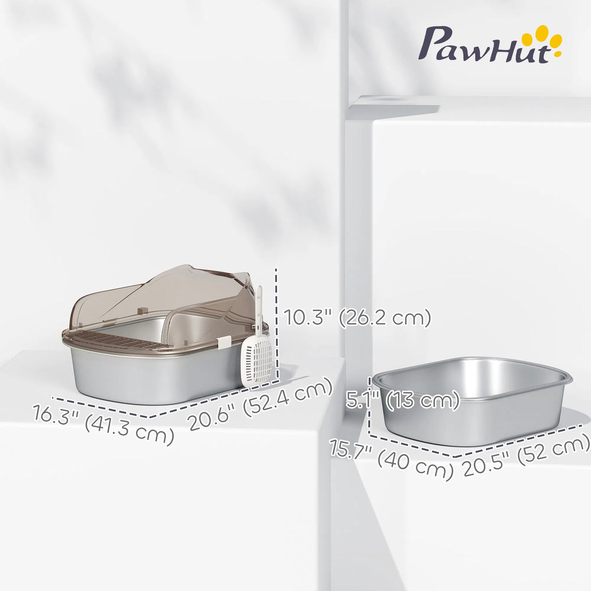 Stainless Steel Cat Litter Box With High Sided Enclosure, Steps & Scoop