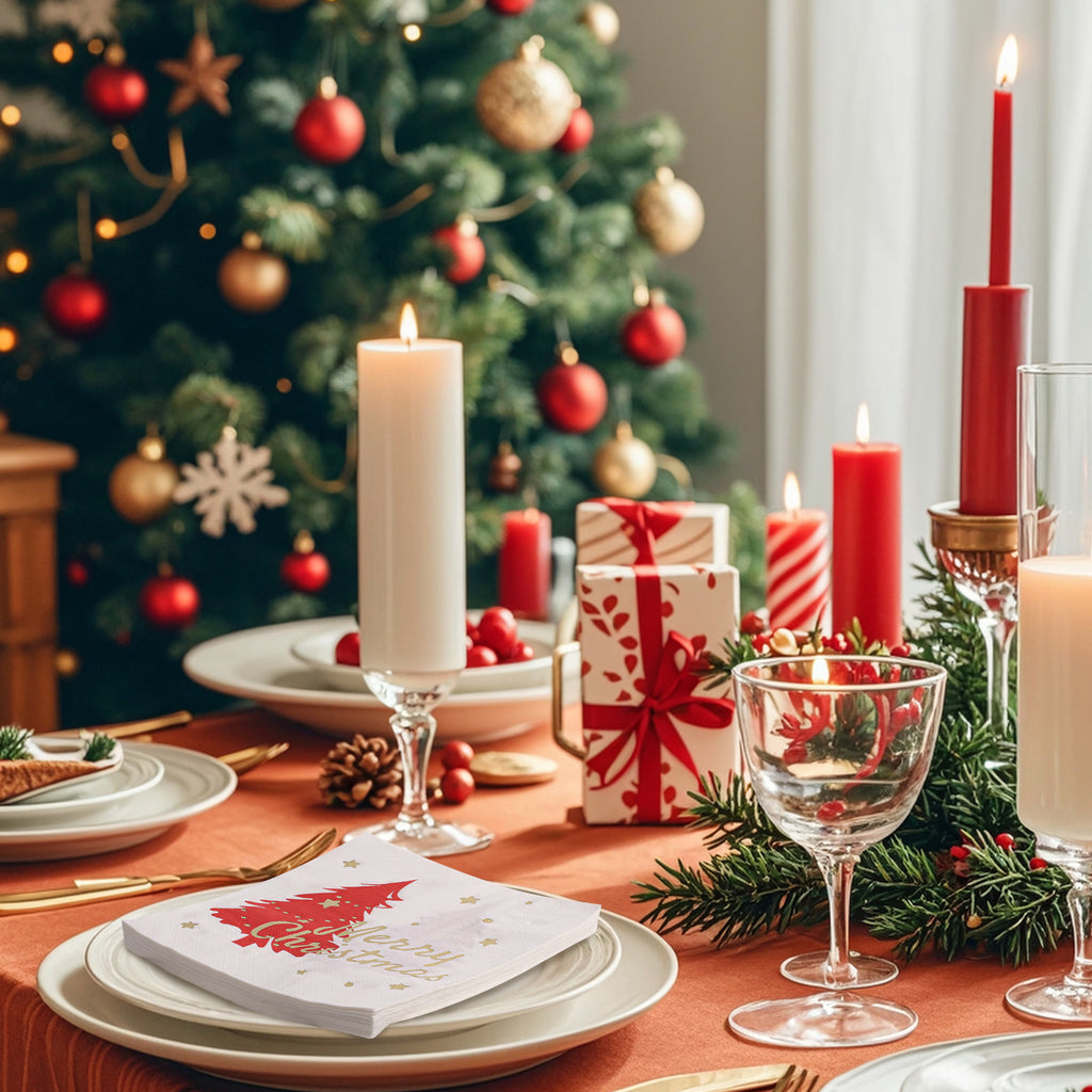 80 Pcs Christmas Napkins, Disposable Printed Xmas Tree Cocktail Napkins