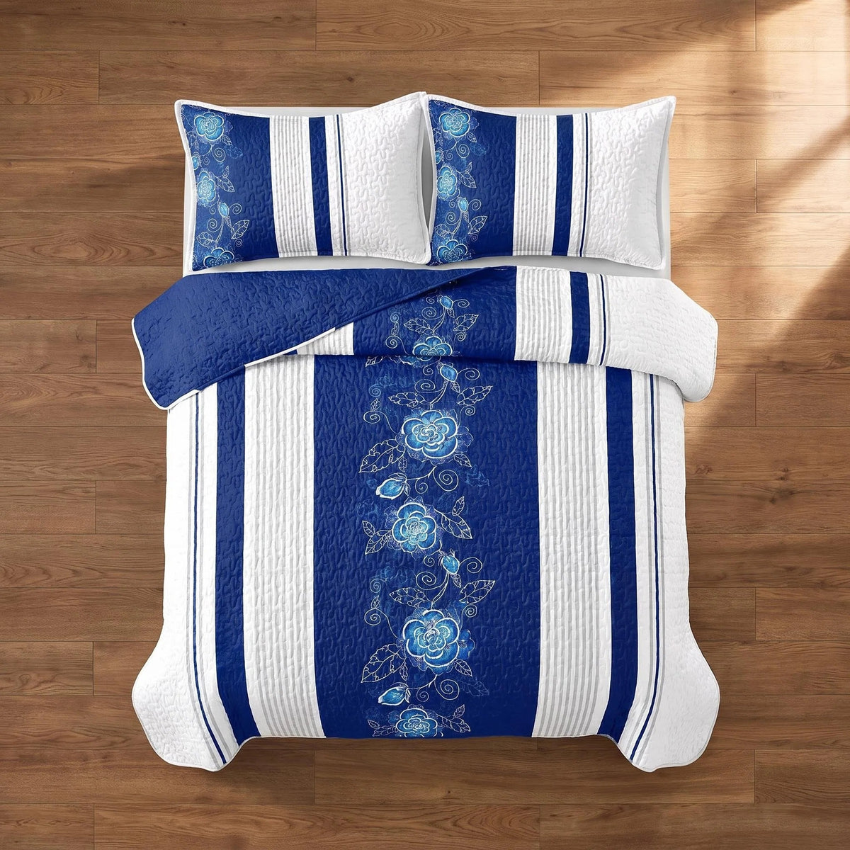9-Piece Deep Blue Floral Bedspread And Curtain Set, Reversible